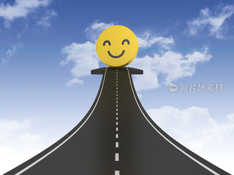 道路箭头与快乐的表情在天空- 3D渲染